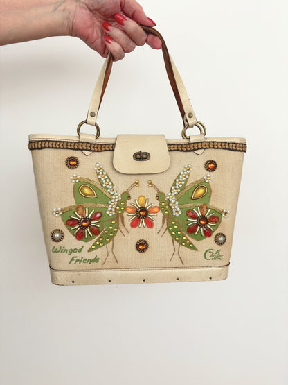 1960s Enid Collins Winged Friends Jeweled Canvas Handbag