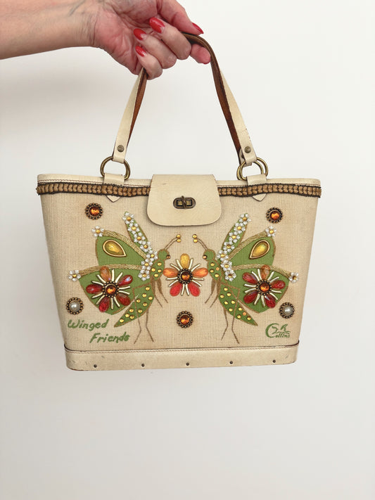 1960s Enid Collins Winged Friends Jeweled Canvas Handbag
