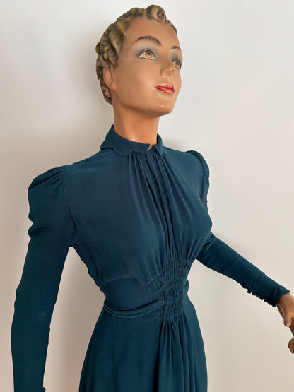 S | 1930s/1940s Petrol Blue Rayon Dress