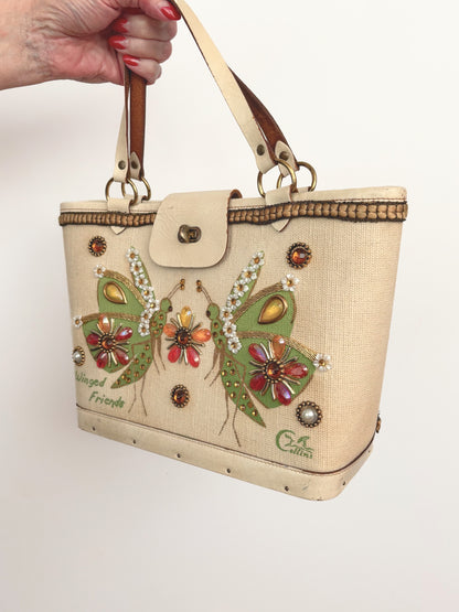 1960s Enid Collins Winged Friends Jeweled Canvas Handbag