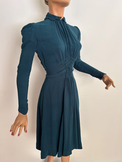 S | 1930s/1940s Petrol Blue Rayon Dress