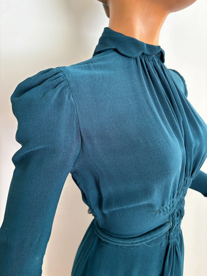 S | 1930s/1940s Petrol Blue Rayon Dress