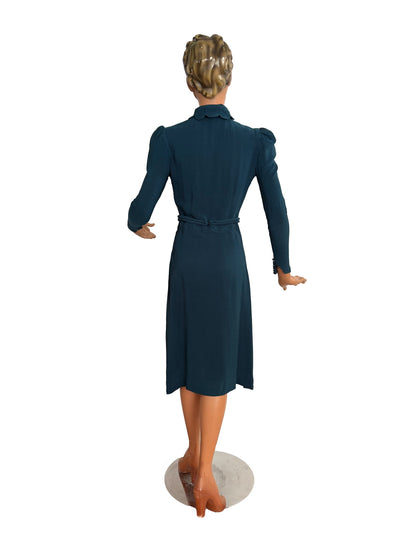 S | 1930s/1940s Petrol Blue Rayon Dress