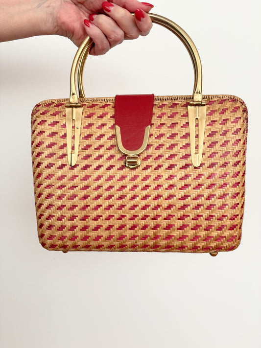 1950s Red Straw Box Handbag w. Gold Metal Hardware