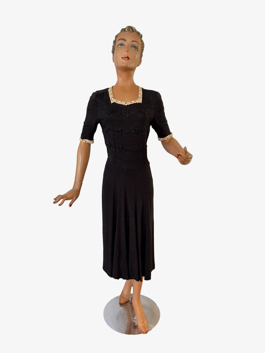 S | 1930s Black Wool Crepe Dress With Lace Trim