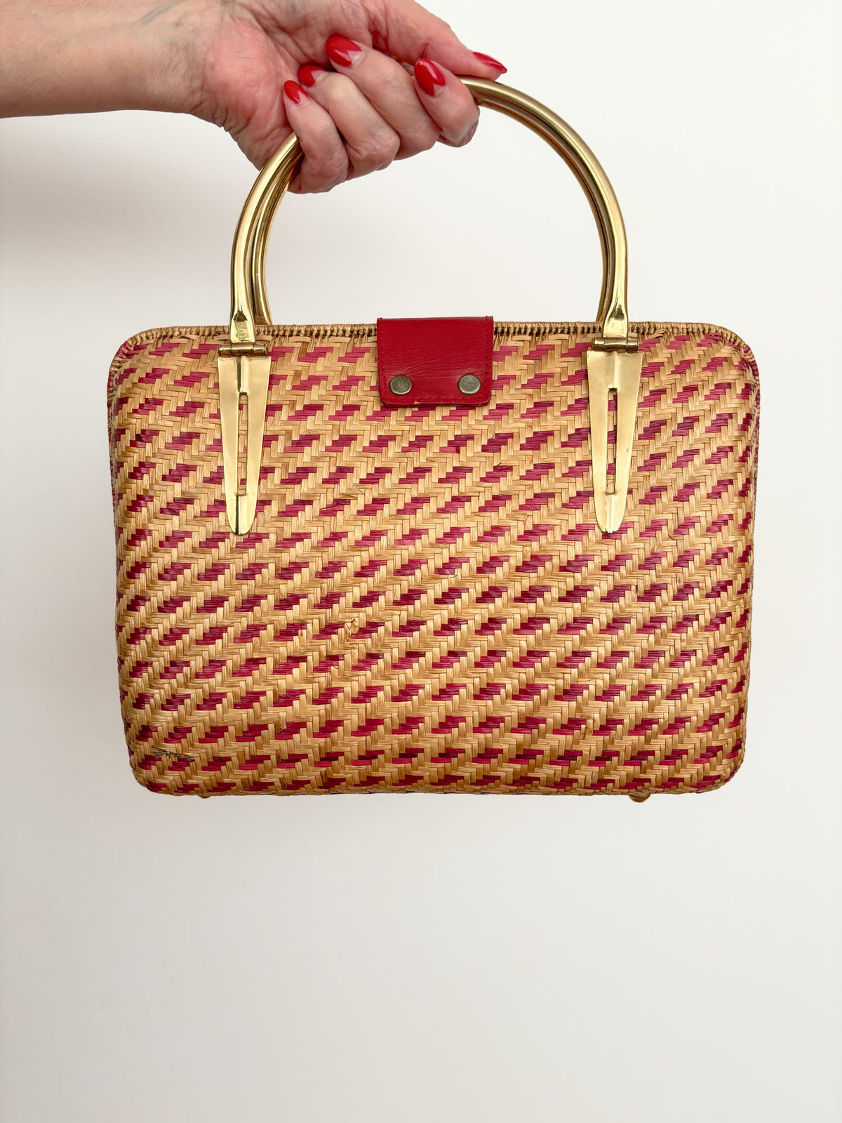 1950s Red Straw Box Handbag w. Gold Metal Hardware
