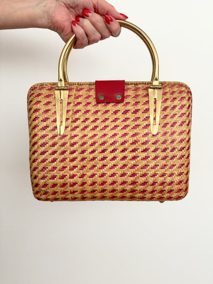 1950s Red Straw Box Handbag w. Gold Metal Hardware