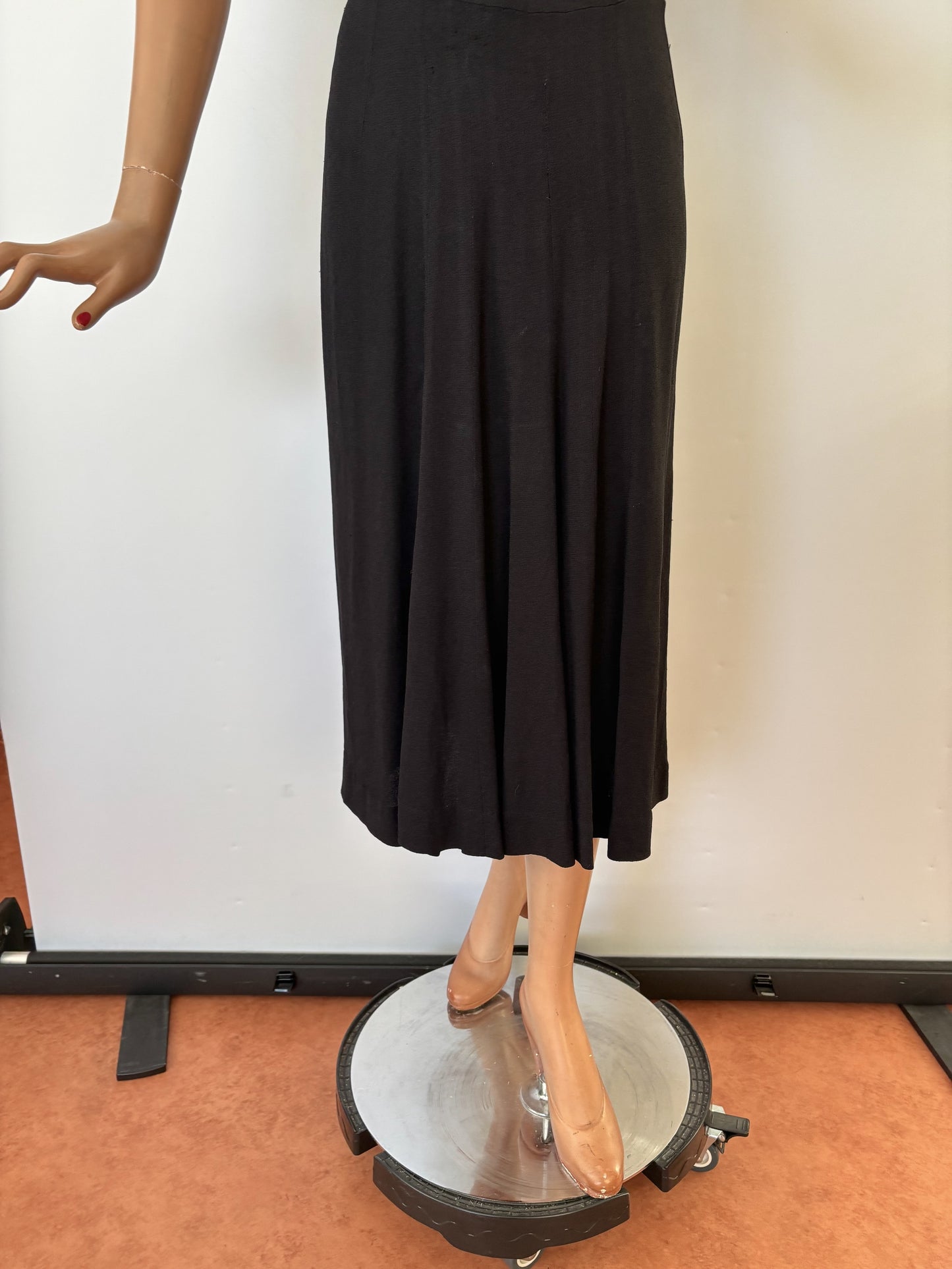 S | 1930s Black Wool Crepe Dress With Lace Trim