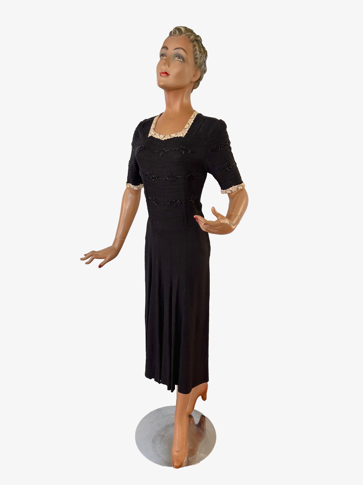 S | 1930s Black Wool Crepe Dress With Lace Trim