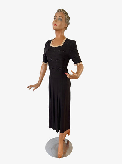 S | 1930s Black Wool Crepe Dress With Lace Trim