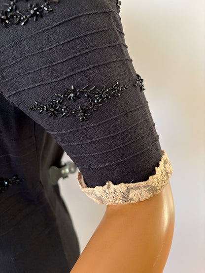 S | 1930s Black Wool Crepe Dress With Lace Trim