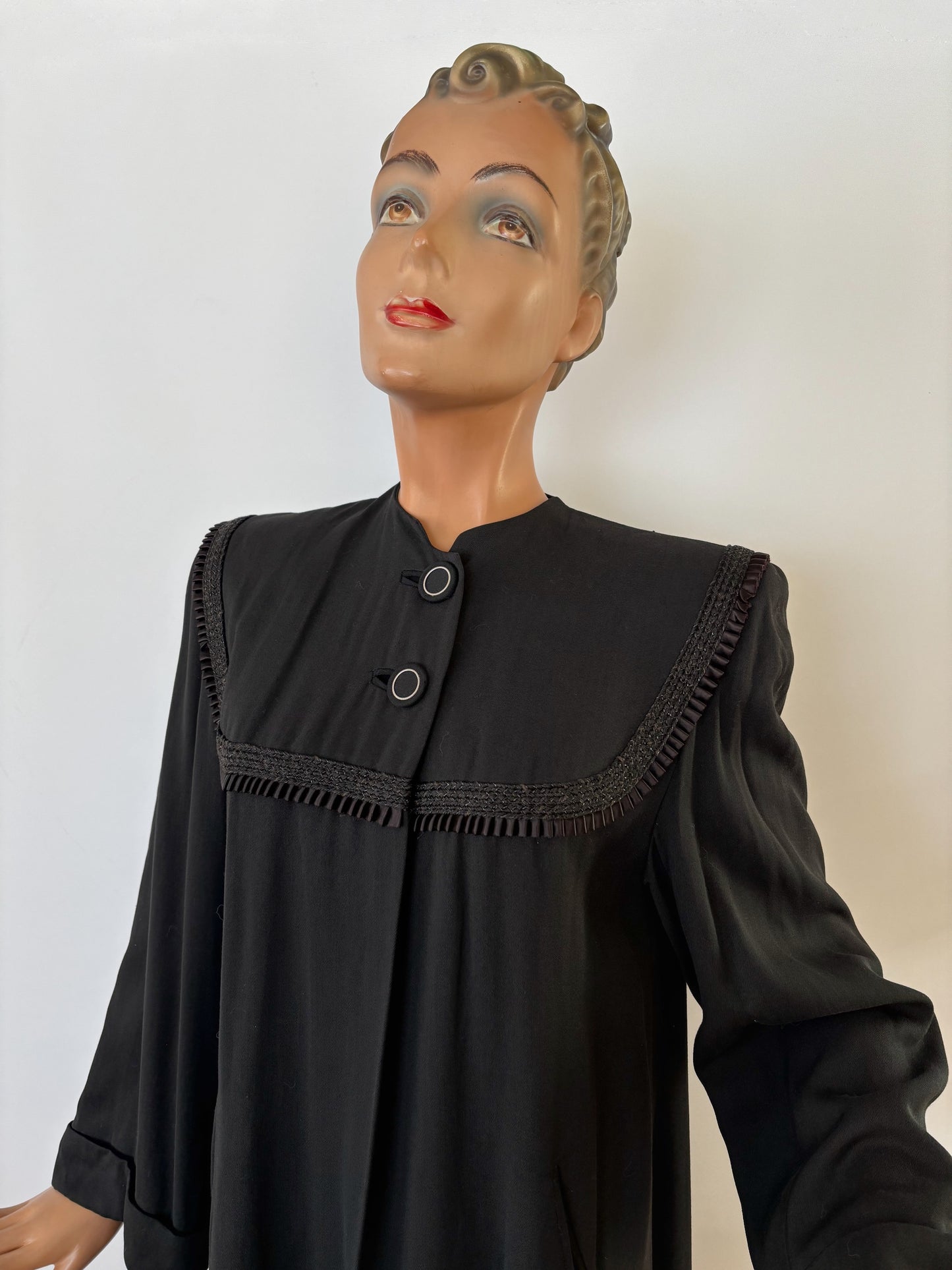 S/M | 1940s Black Swagger Coat In Gabardine Wool