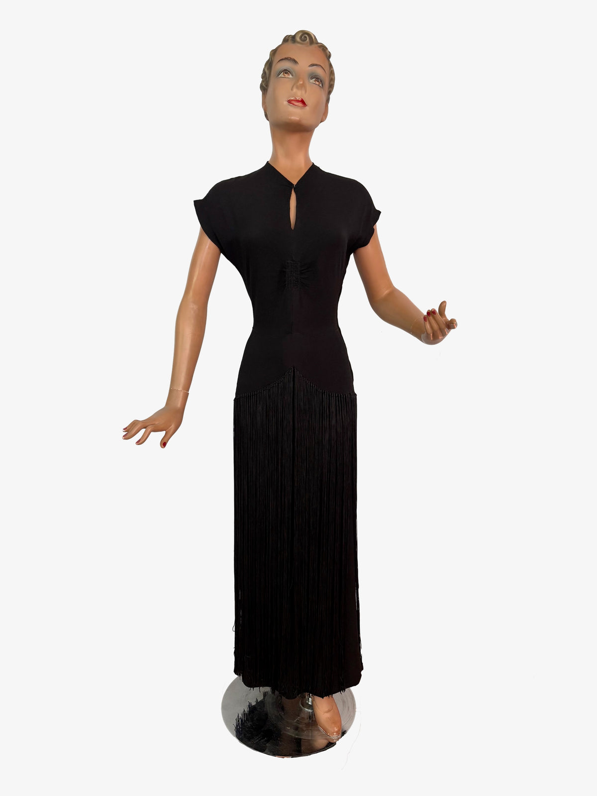 XS/S | 1930s Black Crepe Fringe Evening Dress