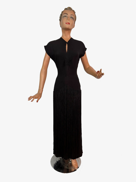 XS/S | 1930s Black Crepe Fringe Evening Dress
