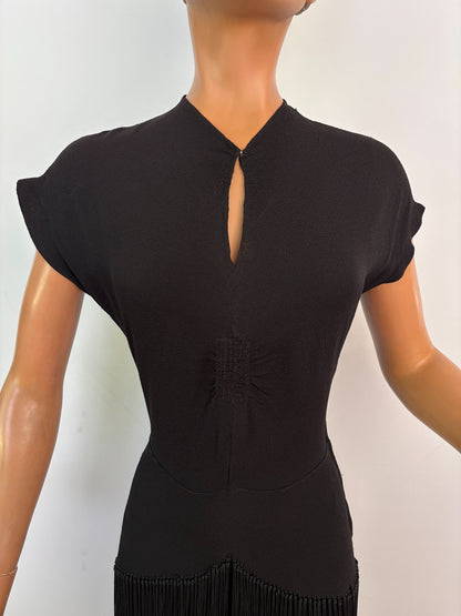 XS/S | 1930s Black Crepe Fringe Evening Dress