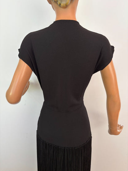XS/S | 1930s Black Crepe Fringe Evening Dress