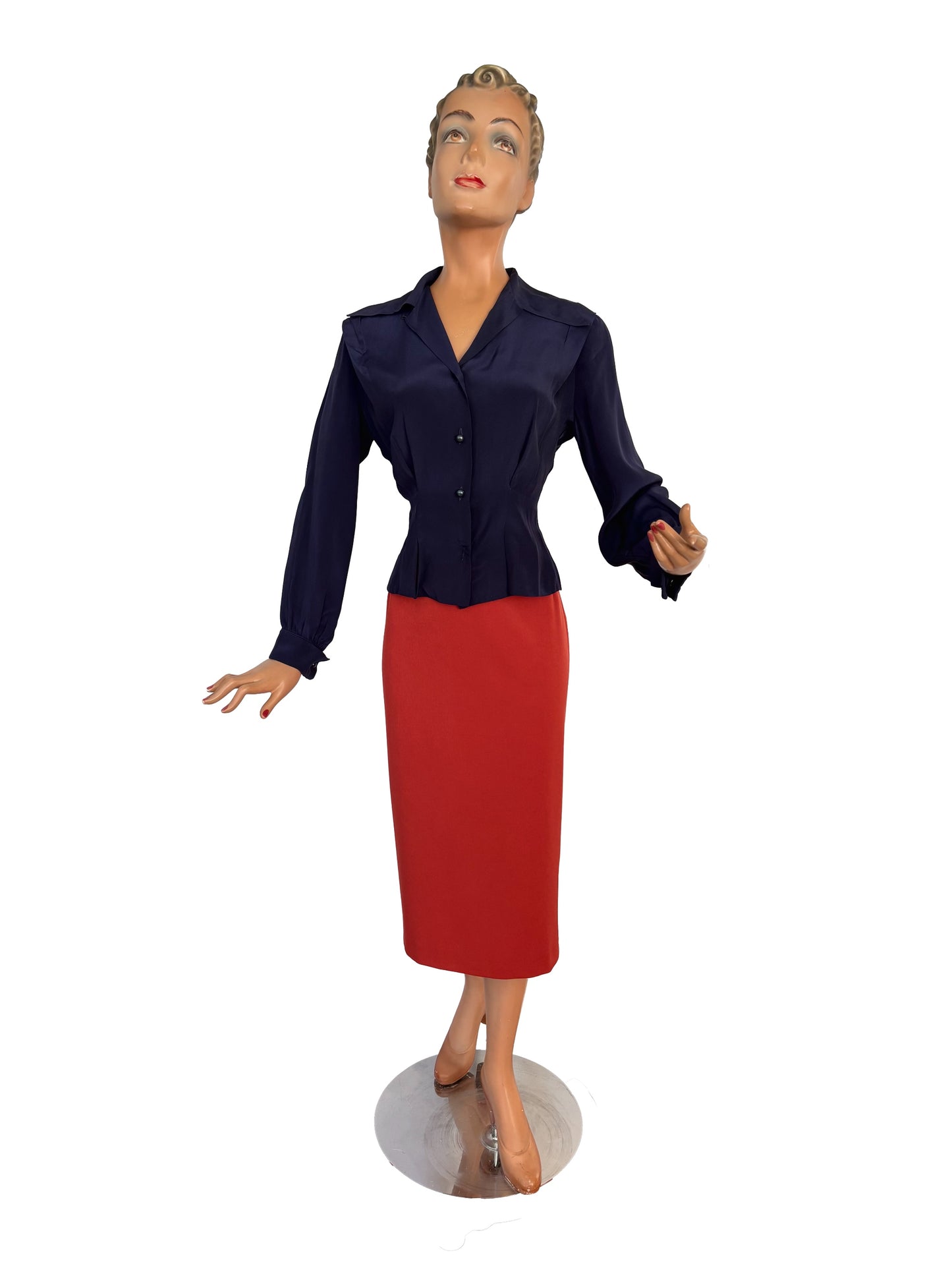 S | 1940s/50s Navy Rayon Blouse