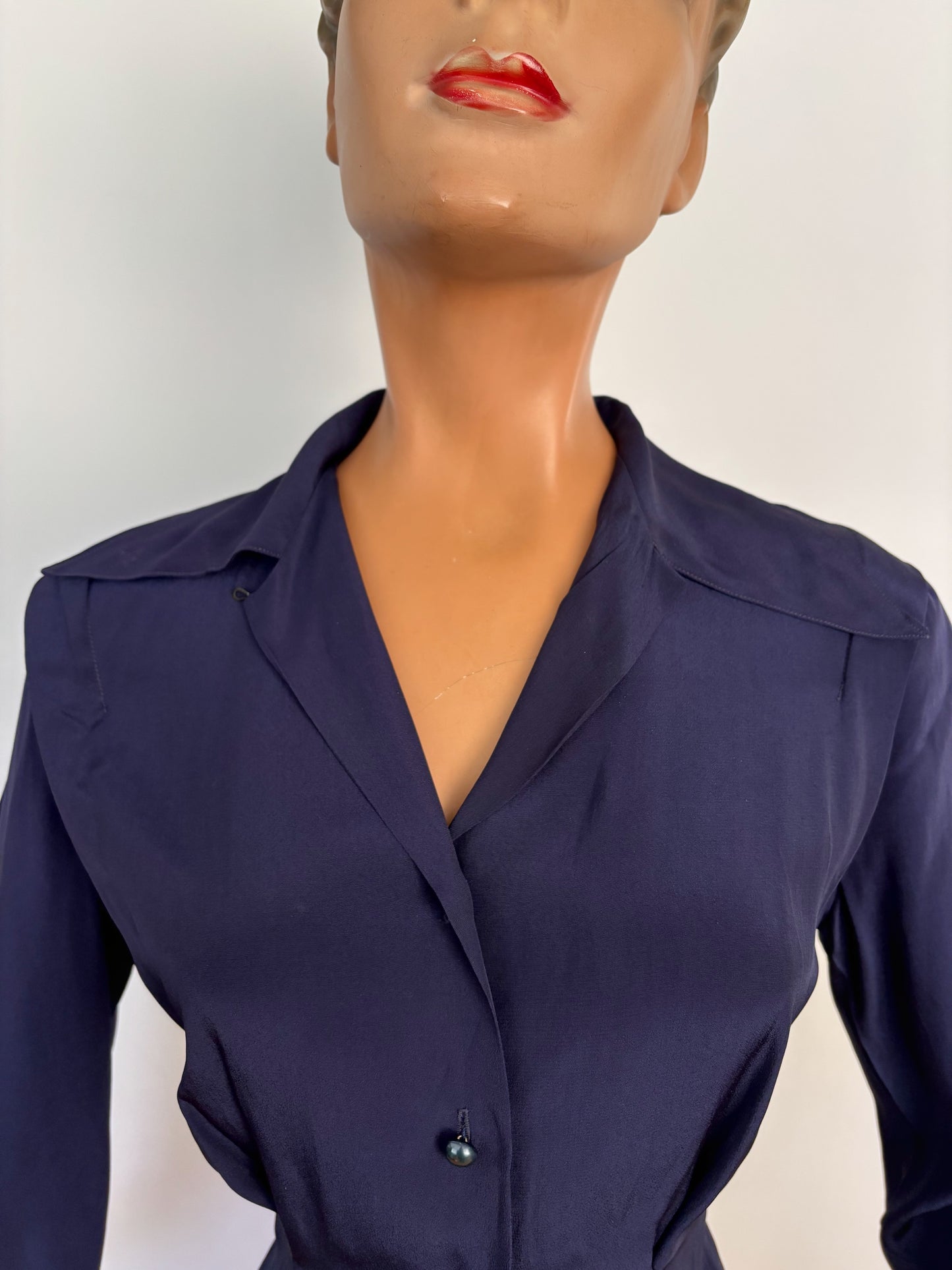 S | 1940s/50s Navy Rayon Blouse