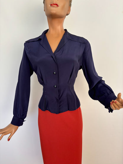 S | 1940s/50s Navy Rayon Blouse