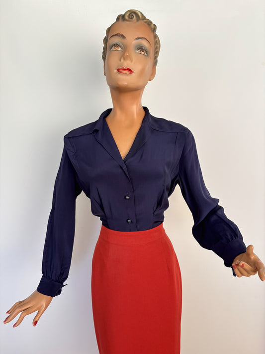 S | 1940s/50s Navy Rayon Blouse
