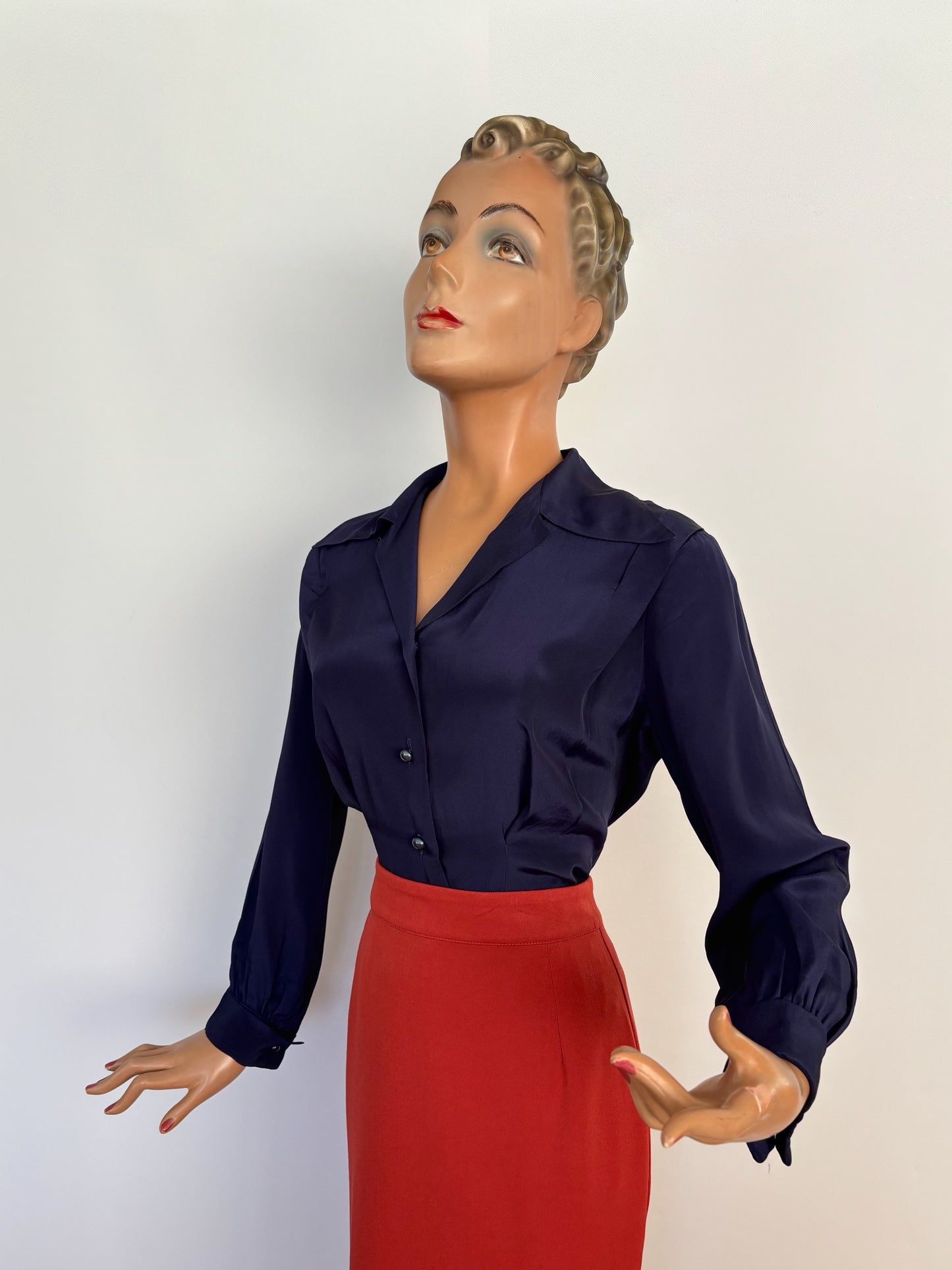 S | 1940s/50s Navy Rayon Blouse