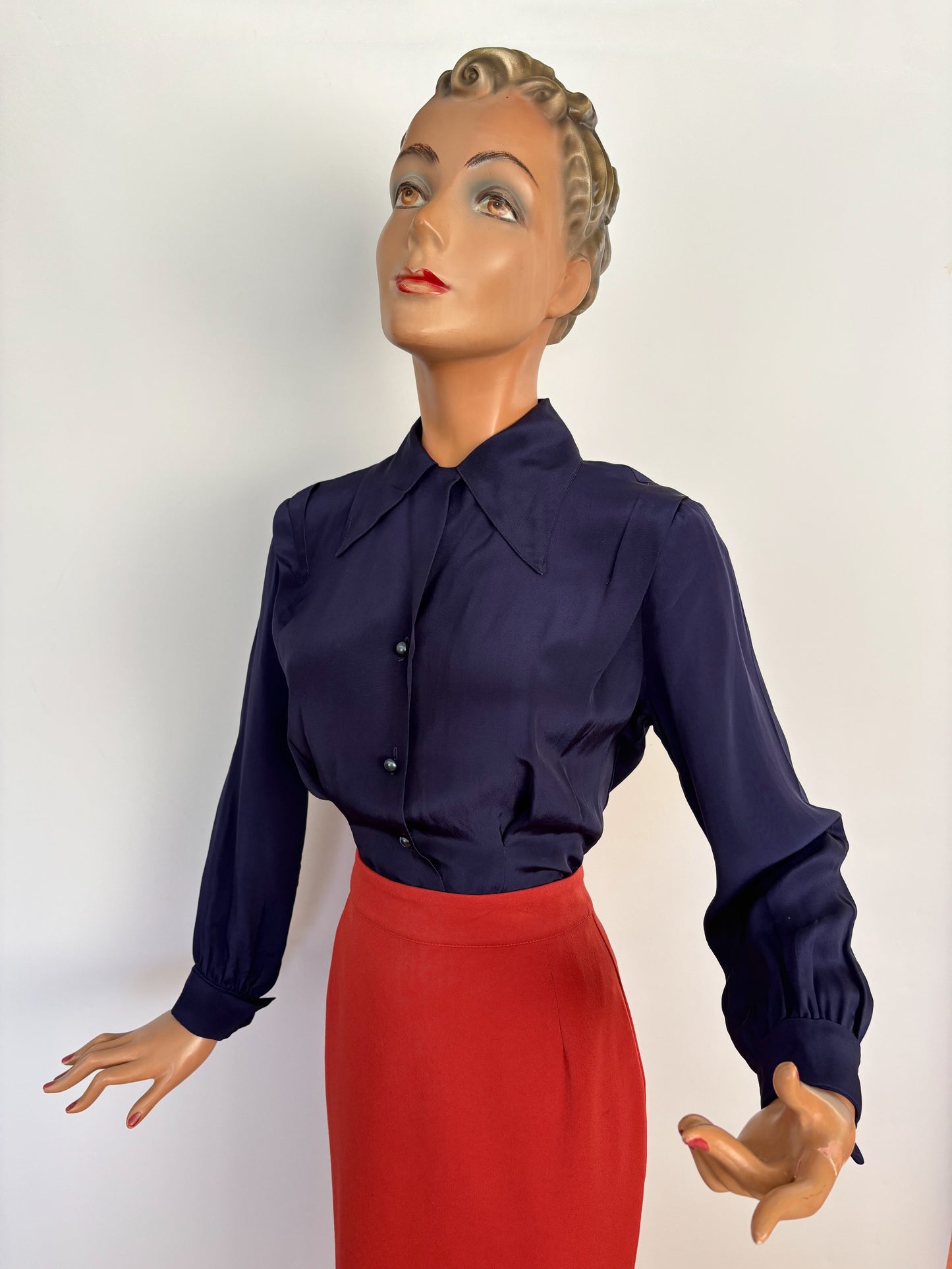 S | 1940s/50s Navy Rayon Blouse