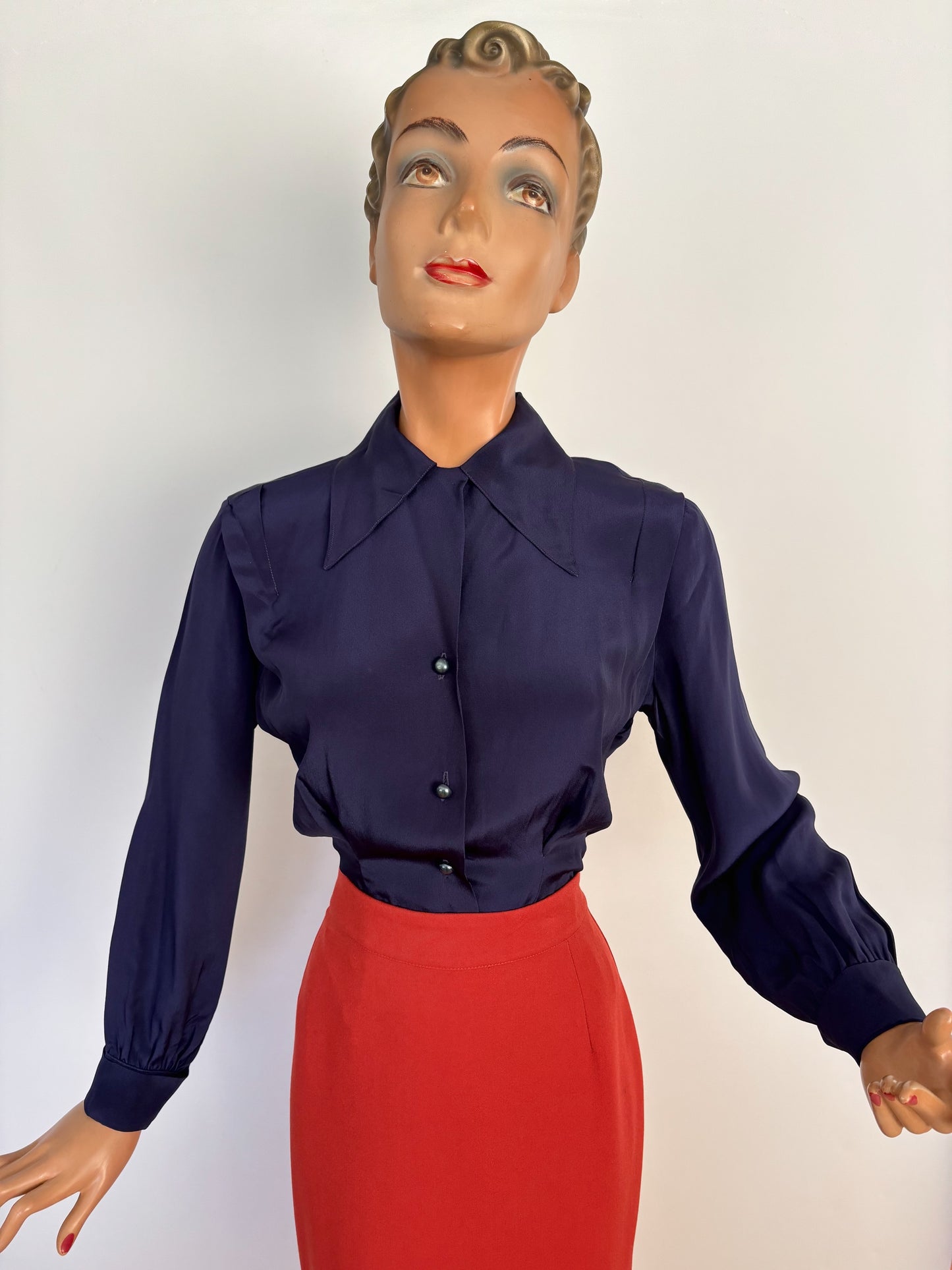 S | 1940s/50s Navy Rayon Blouse