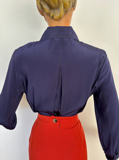 S | 1940s/50s Navy Rayon Blouse
