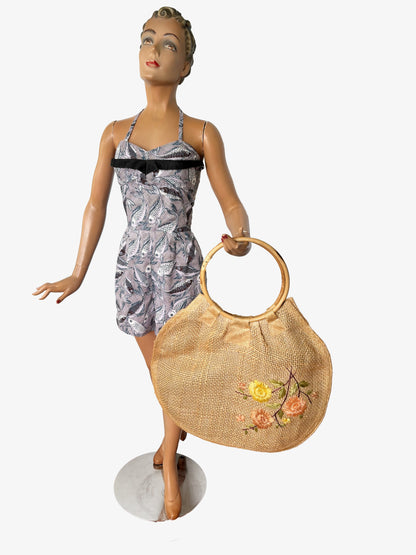 1950s Large Burlap Beach Bag