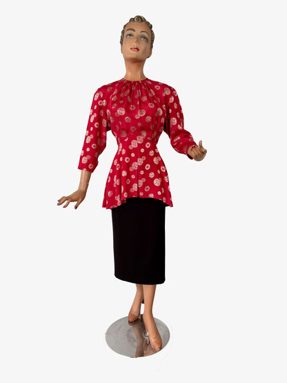 S | 1930s Silk Peplum Blouse with Asian Inspired Medallion Print