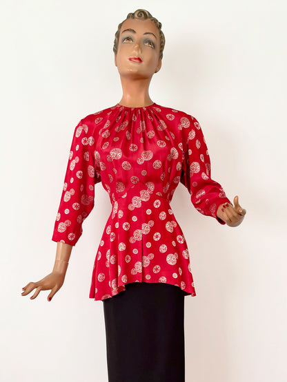 S | 1930s Silk Peplum Blouse with Asian Inspired Medallion Print