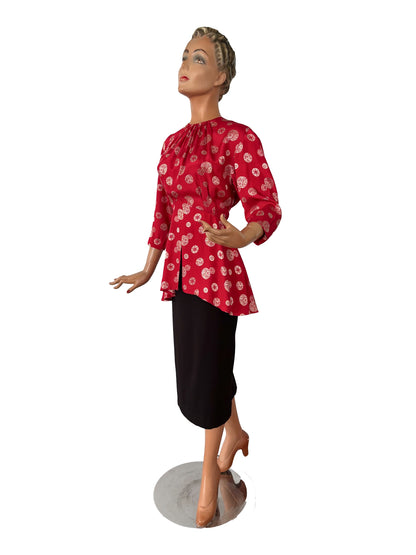 S | 1930s Silk Peplum Blouse with Asian Inspired Medallion Print