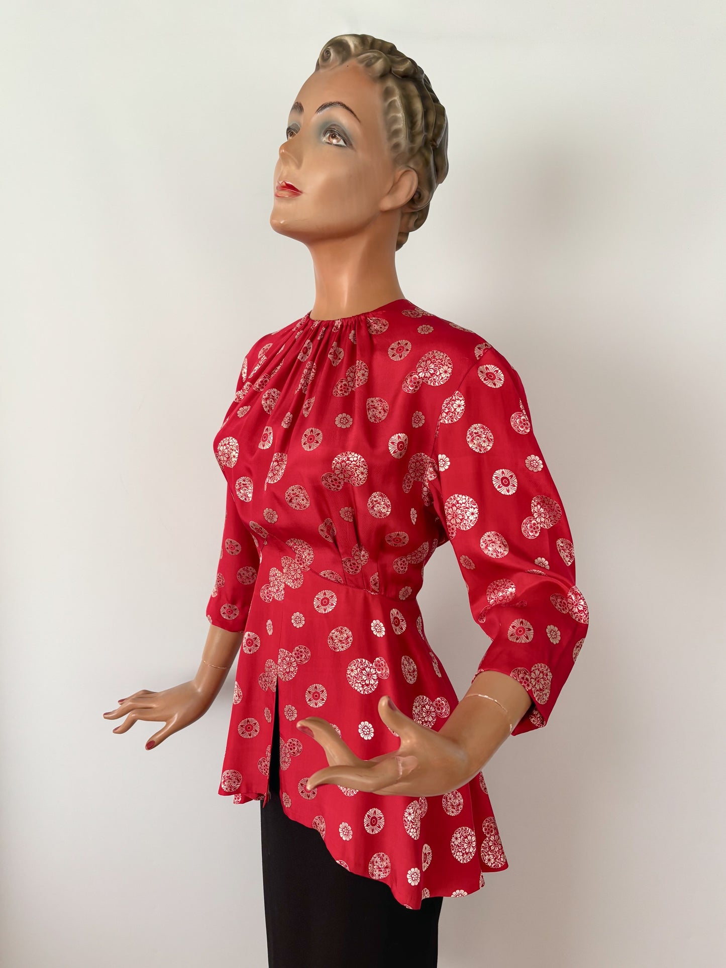 S | 1930s Silk Peplum Blouse with Asian Inspired Medallion Print