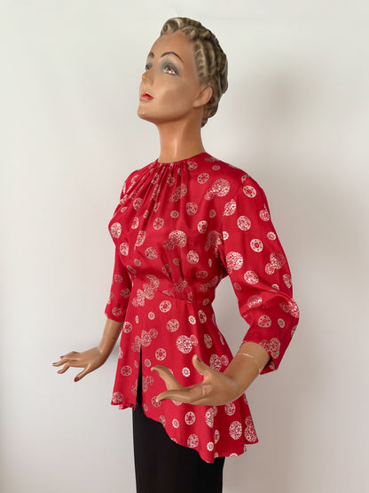S | 1930s Silk Peplum Blouse with Asian Inspired Medallion Print