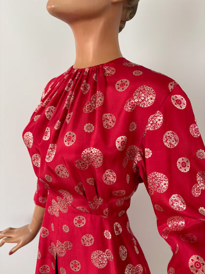 S | 1930s Silk Peplum Blouse with Asian Inspired Medallion Print