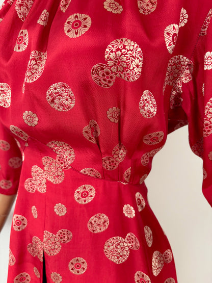 S | 1930s Silk Peplum Blouse with Asian Inspired Medallion Print