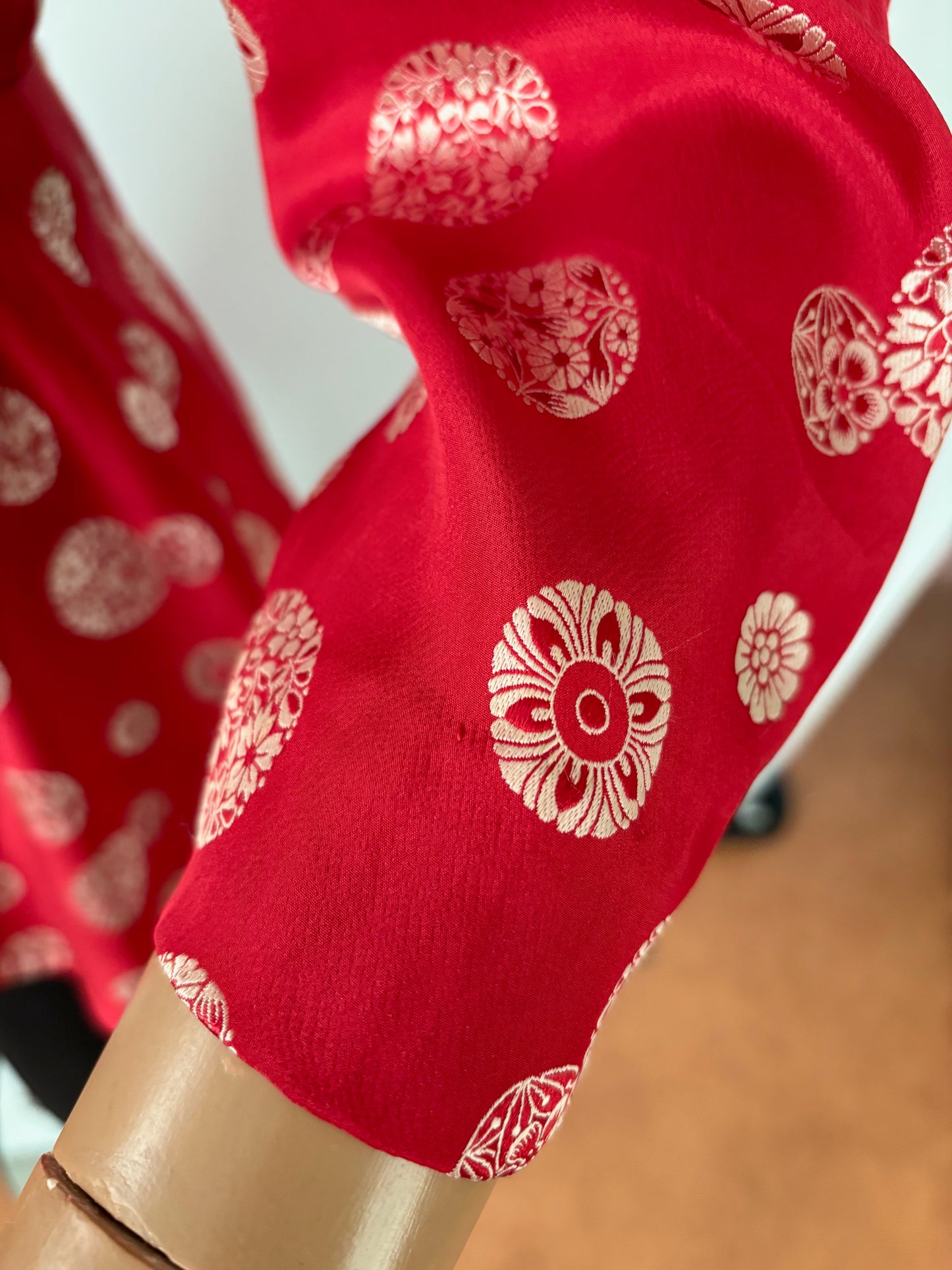 S | 1930s Silk Peplum Blouse with Asian Inspired Medallion Print