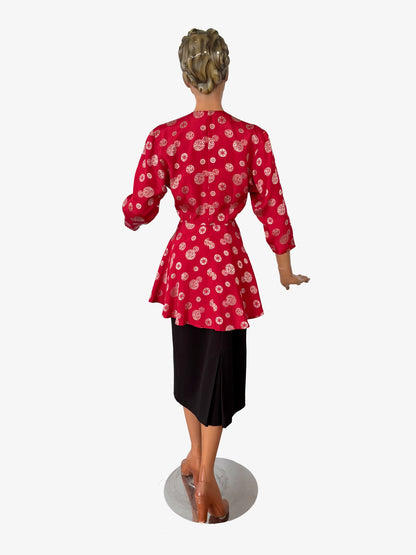 S | 1930s Silk Peplum Blouse with Asian Inspired Medallion Print