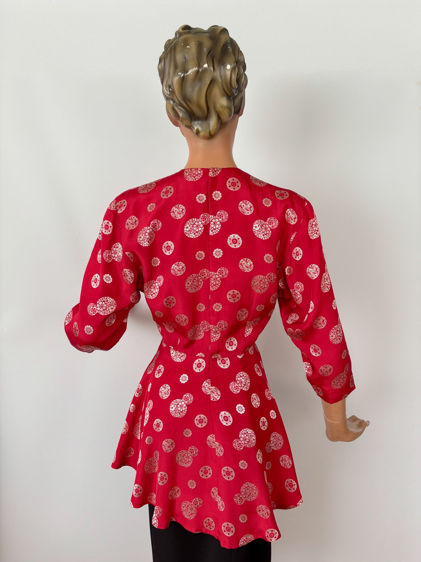 S | 1930s Silk Peplum Blouse with Asian Inspired Medallion Print