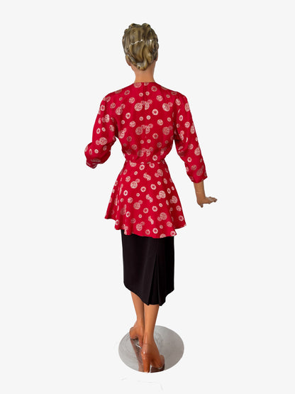 S | 1930s Silk Peplum Blouse with Asian Inspired Medallion Print