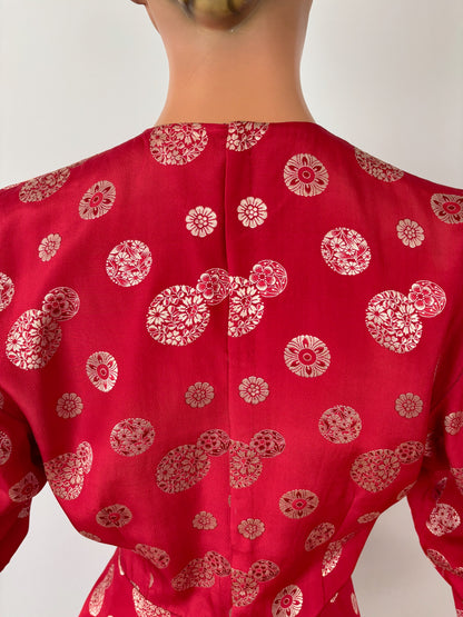 S | 1930s Silk Peplum Blouse with Asian Inspired Medallion Print