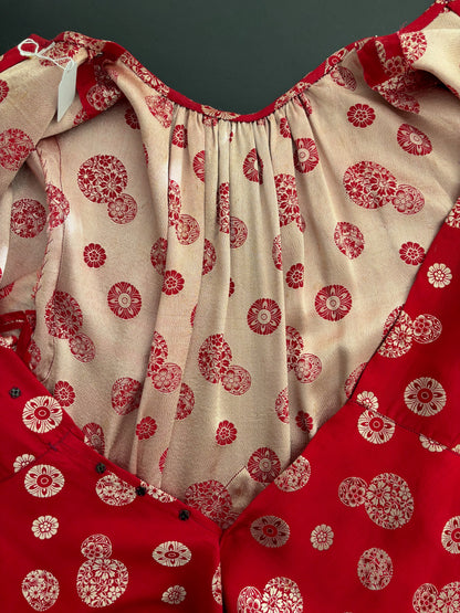 S | 1930s Silk Peplum Blouse with Asian Inspired Medallion Print