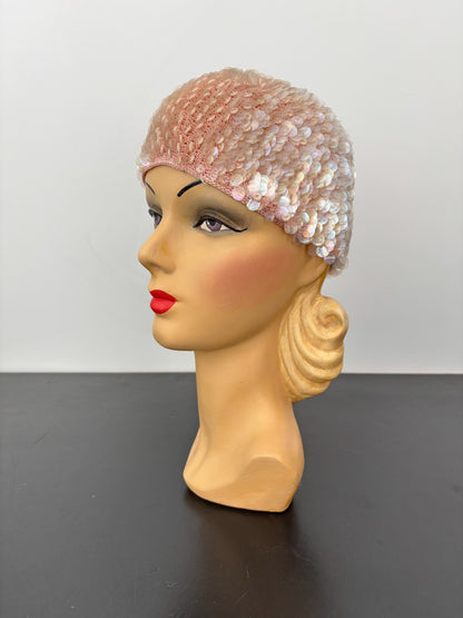 1950s/60s Pink Iridescent Sequin Crochet Cap Hat