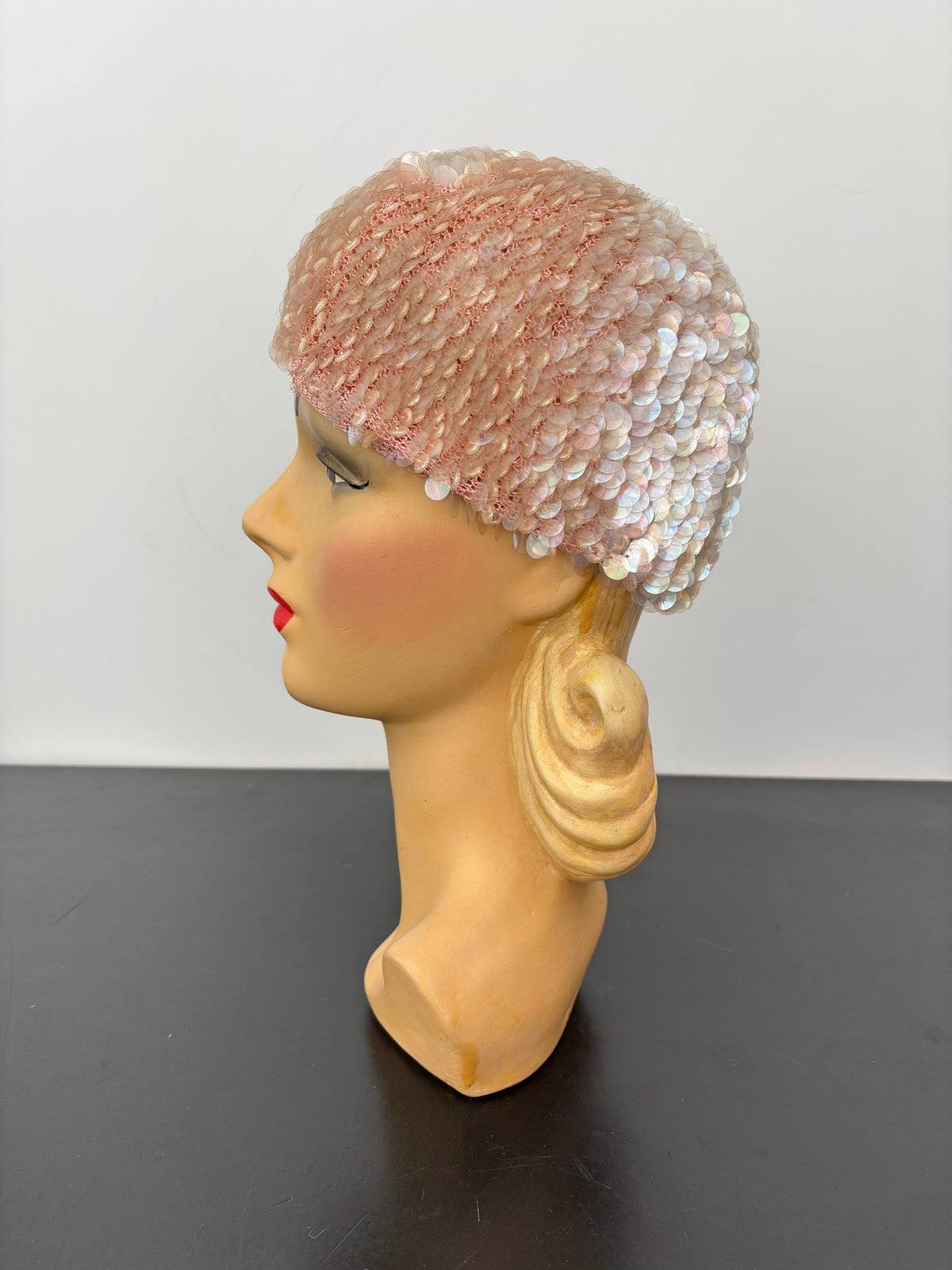 1950s/60s Pink Iridescent Sequin Crochet Cap Hat