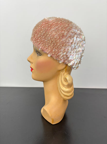 1950s/60s Pink Iridescent Sequin Crochet Cap Hat