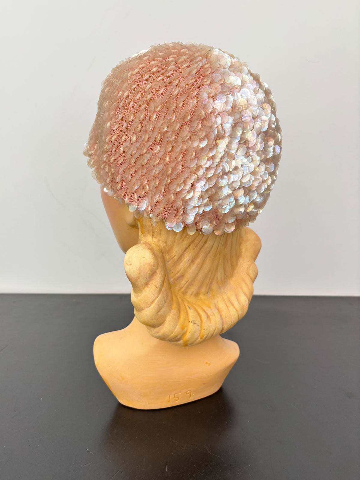 1950s/60s Pink Iridescent Sequin Crochet Cap Hat