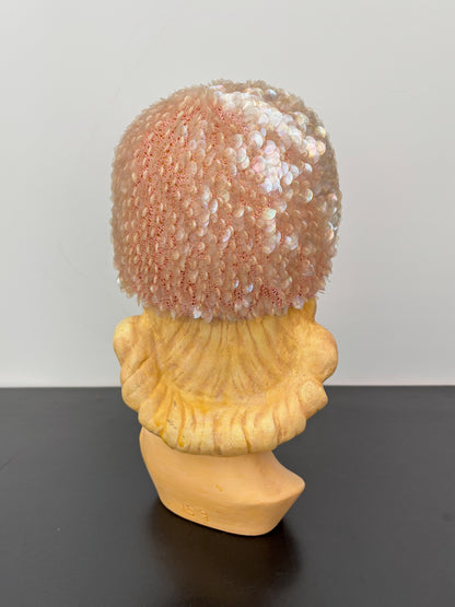 1950s/60s Pink Iridescent Sequin Crochet Cap Hat