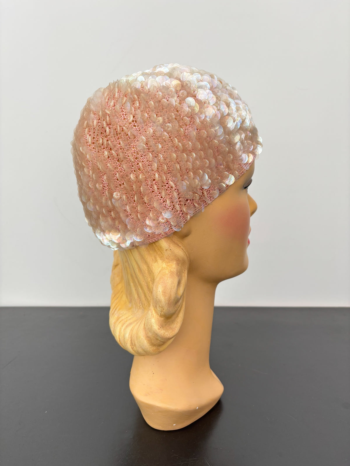 1950s/60s Pink Iridescent Sequin Crochet Cap Hat