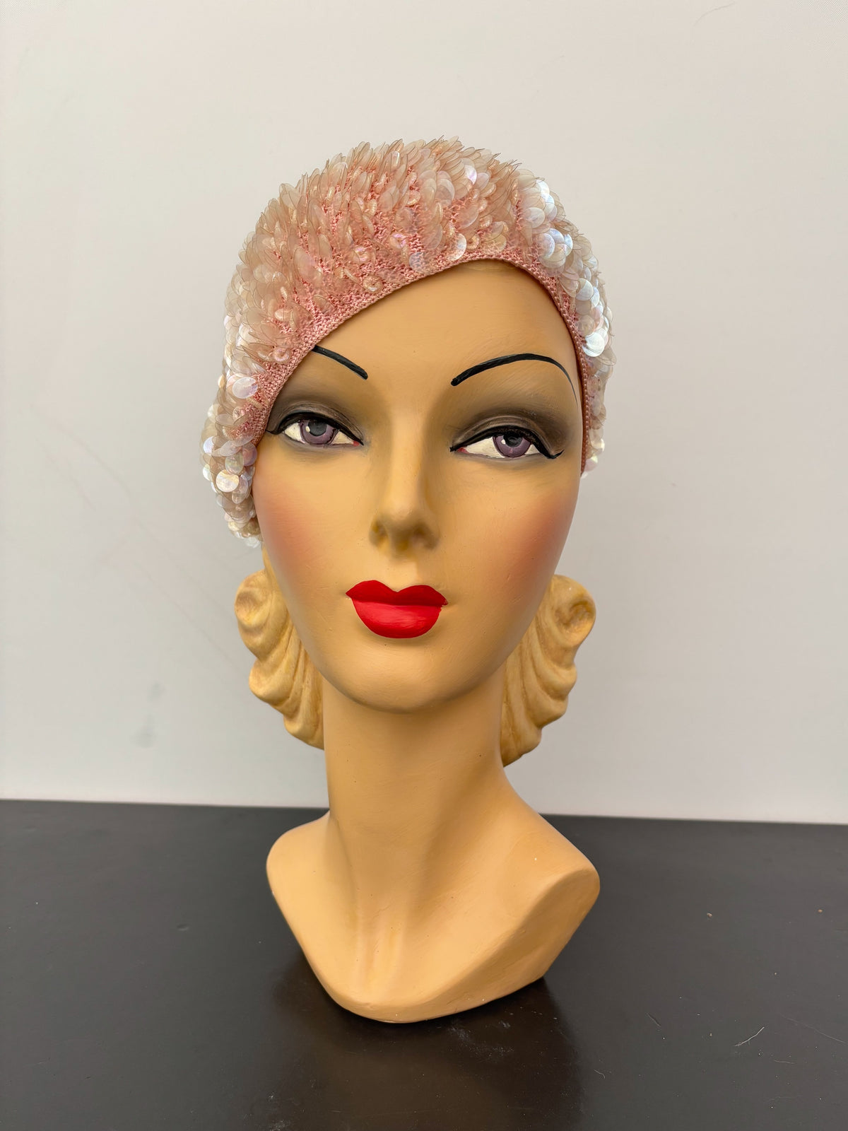 1950s/60s Pink Iridescent Sequin Crochet Cap Hat