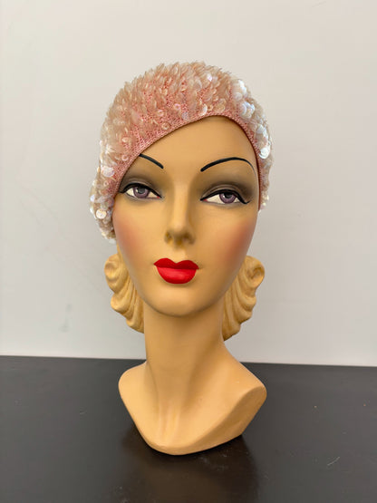 1950s/60s Pink Iridescent Sequin Crochet Cap Hat